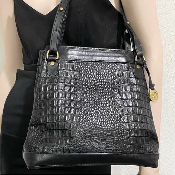 Vintage BRAHMIN Black Embossed Croc Leather Double Strap Bucket Shoulder Bag - Picture 3 of 16